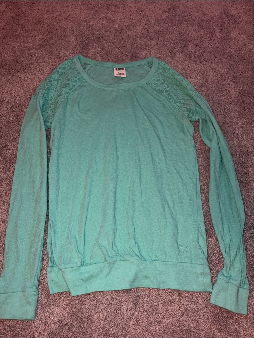 PINK Victoria's Secret Teal Lace-Shoulder Long Sleeve Top